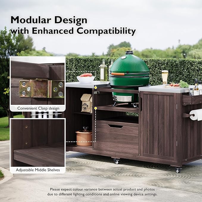 66.5" Outdoor Kitchen Island with Stainless Steel Top for Big Green Egg, Rolling Grill Cart with Adjustable Shelves, Lockable Wheels, Outdoor Table and Bar Storage Cabinet for Patio
