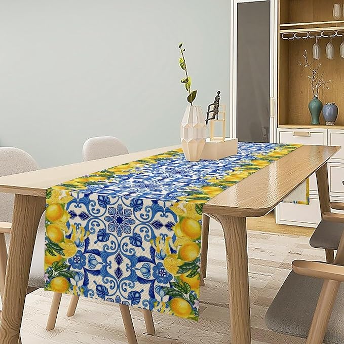 Blue Lemon Table Runner, Italy Tile Yellow Lemon Fruit Table Runners for Farmhouse Coffee Home Kitchen Dining Party Patio Indoor Outdoor 13x36in