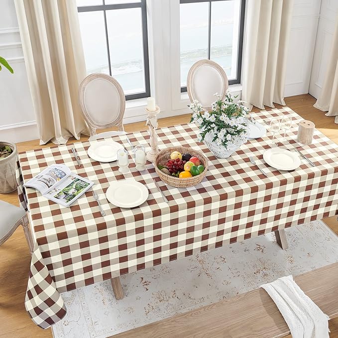 Softalker Gingham Checkered Tablecloth Rectangle - Outdoor Waterproof Buffalo Plaid Table Cloth, Stain Resistant Washable Table Cover for Picnic, Camping, Dining - Coffee and White, 60 x 120 Inch