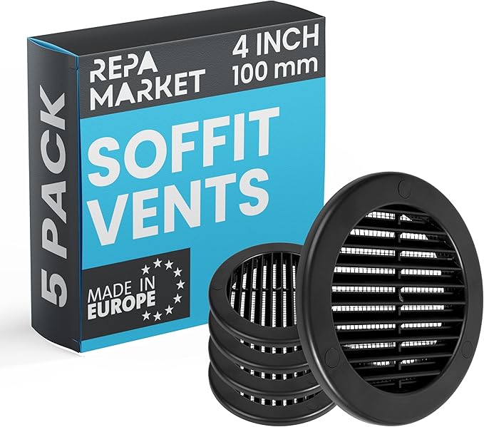 Repa Market 4 Inch (Opening) Black Round Air Vent Cover - Pack of 5 Plastic Fresh Air Intake Vent - Grill Cover with Nylon Mesh Screen - Wall or Ceiling HVAC Return Air Register - Modern Soffit Vents