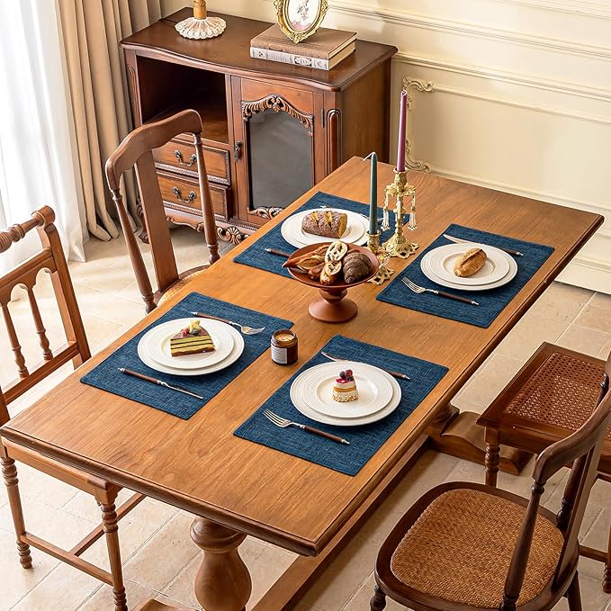 KXN Placemats Set of 6, Dual-Layer Thickened Faux Linen Table Mats, Heat Resistant & Wrinkle-Free, Machine Washable Cloth Place Mats for Kitchen Dining Indoor Outdoor (Navy Blue)