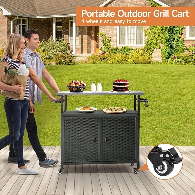 Outdoor Grill Cart with Storage, Outdoor Bar Cart with Wheels, Kitchen Island Cart with Stainless Steel Top for BBQ, Patio, Backyard