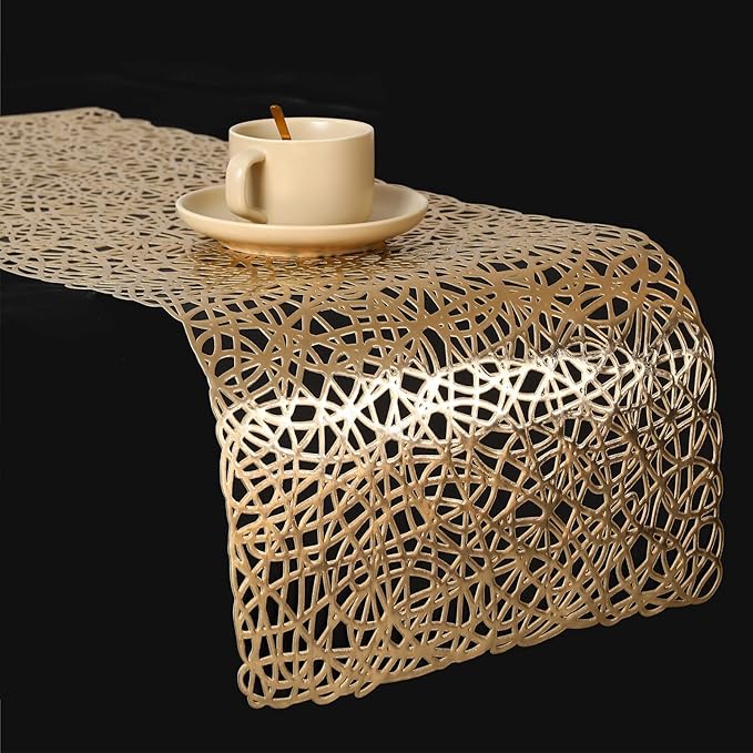 FAVE Gold Table Runners 36 Inches Heat Resistant Table Runner Flower Shaped Short Table Runner Washable Table Mats FallTable Runner for Wedding, Banquet, Birthday, Party, Restaurant (Line Pattern )