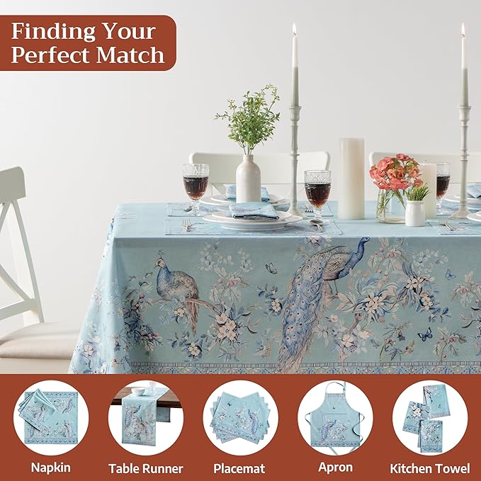 Maison d' Hermine Premium Table Cloth Rectangle Table 100% Combed Cotton 90 x 70 Inches Tablecloth Reusable Decorative for Dining Room Home Party Festive Wedding - Peacock Utopia - Pastel Turquoise