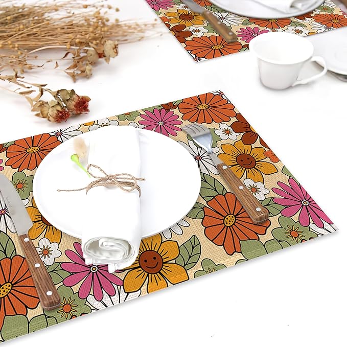 Retro 70s Groovy Flowers Placemats for Dining Table Set of 6,Hippie Daisy Place Mats for Home Party Kitchen Indoor Holiday Rustic Washable Heat Resistant Table Mats 12 x 18 Inch