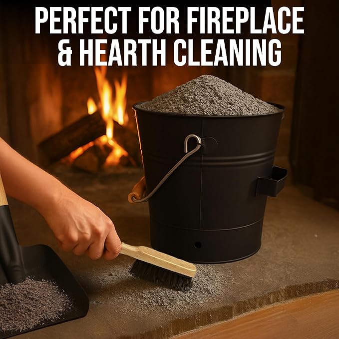 Smedley & York Mini Ash Bucket with Lid, Includes Fireplace Tools, Pail, Shovel and Broom, 1.5 Gallon Charcoal Metal Bucket with Lid, Coal Bucket and Ash Can, Galvanized Iron Ash Bucket for Fireplace