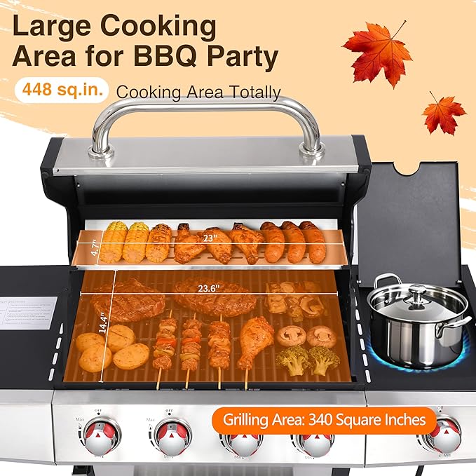 Griddle Grill Combo, Propane Gas and Charcoal Grill Combo, Outdoor BBQ Grills, 4 Burner Propane Stove with Griddle, Cast Iron Grates, Side Burner & Prep Space (4 burner&side burner combo)