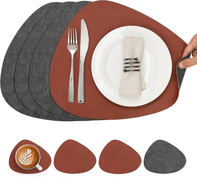 Placemats and Coasters, Washable Reversible Placemats Round Faux Leather Wipeable Place Mats Non Slip Heat Resistant Indoor Outdoor Table Mats (Set of 4, Gray Terracotta)