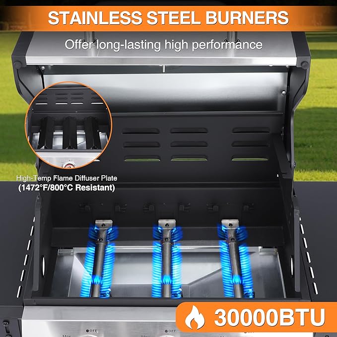 Propane Gas BBQ Grill, Upgraded 30,000 BTU Stainless Steel Barbecue Grill with Foldable Side Tables, Spice Rack & Wheels for Outdoor Cooking(3 Burner grill)