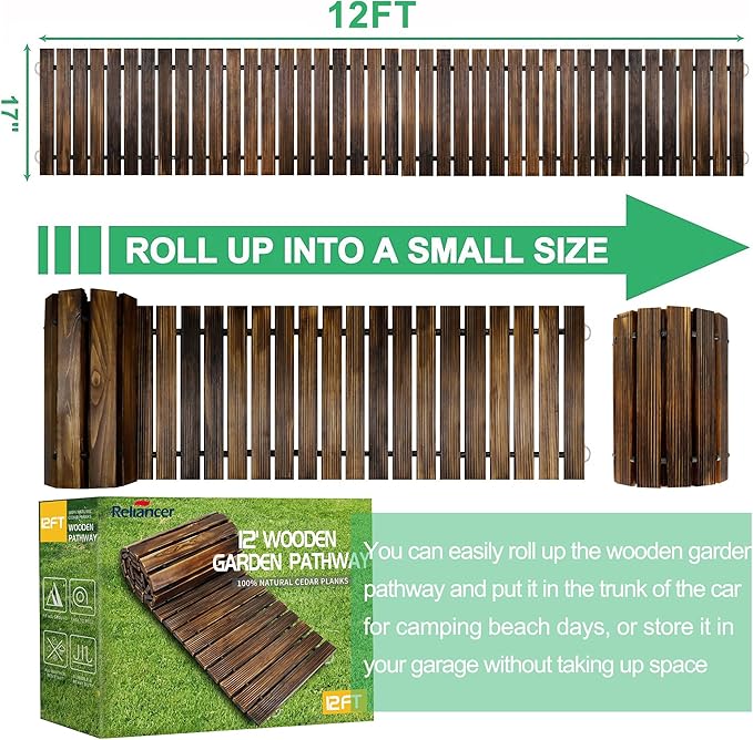 RELIANCER 12' Wooden Garden Pathway,Outdoor Roll Out Cedar Straight Walkway,Patio Path Decorative Garden Boardwalk Walkways,Weather-Resistant Roll Up Beach Wood Road Floor,Wedding Party Pathwaysc