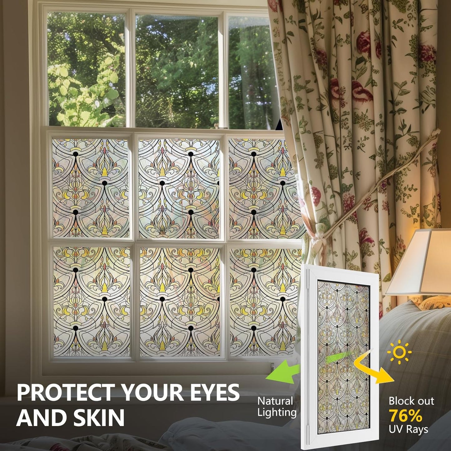 3D Stained Glass Window Film, Decorative Window Privacy Film for Bathroom,Front Door,Home, Sun Blocking Heat Control,Static Cling, Removable Non-Adhesive Golden Ironwork 23.6inch x 35.4inch