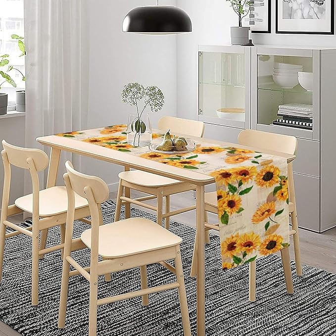 Retro Sunflower Table Runner, Vintage Newspaper Sunflower Blossoms Rustic Farmhouse Flower Table Cover for Kitchen Dinning Party Holidays Decor, 13x36inch