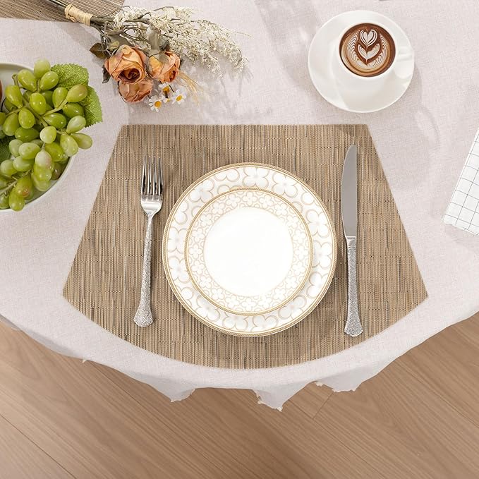 SHACOS Round Table Placemats Wedge Placemats Set of 8 Woven Vinyl Curved Table Mats Washable Indoor Outdoor (8, Tan)