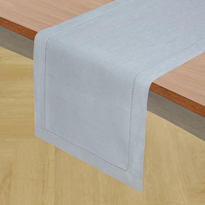 Solino Home Linen Classic Hemstitch Table Runner 132 Inches Long - 100% Pure Linen Dusty Blue Table Runner 14 x 132 Inch for Winter, Spring, Easter