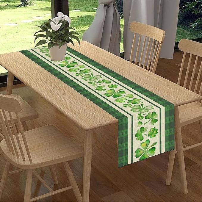 St.Patrick's Day Table Runner,Vinatge Rustic Green Buffalo Plaid White Shamrock Watercolor Table Center Decor for Home Kitchen Dining Patio Holiday Party Indoor Table Decorations, 13"x72"