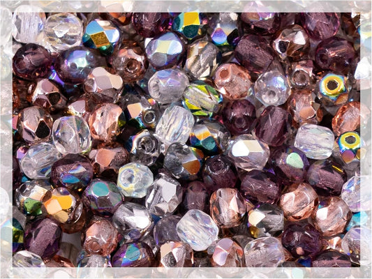1.8 oz (50 g, cca 600pcs) Mix of Faceted Fire Polished Pressed Czech Glass Beads, Sparkling Shiny Mix