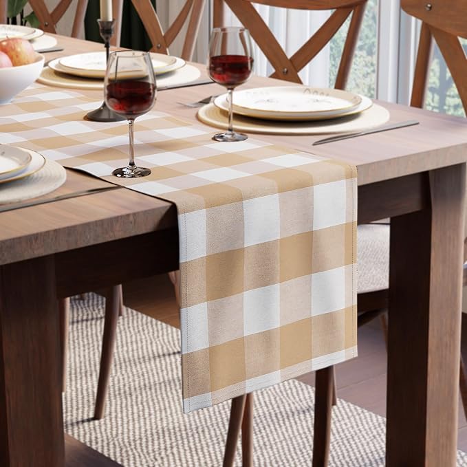 Encasa XO Cotton Dining Table Runner | Buffalo Beige Checks | Size 13x72 in - Machine Washable & Durable