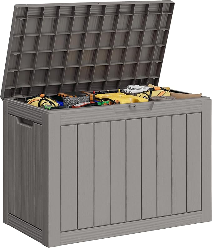 45 Gallon Outdoor Storage Deck Box Waterproof,Garden Tool,Backyard Cushion,Poolside Storage,Small Delivery Boxes for Outside,UV-Resistant & All-Weather,Wood-like Striped Gray