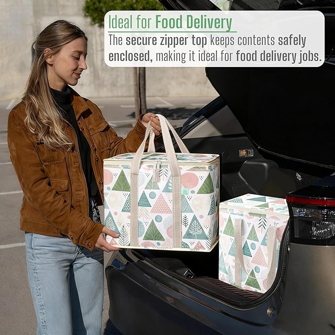 VENO 2 Pack Cooler Bag, Insulated Grocery Bags for Food Delivery, Collapsible Cooler, Reusable Shopping Bags for Groceries, Hard Bottom, Zippered, Foldable, Christmas Pattern (Pastel Forest, 2 Pack)
