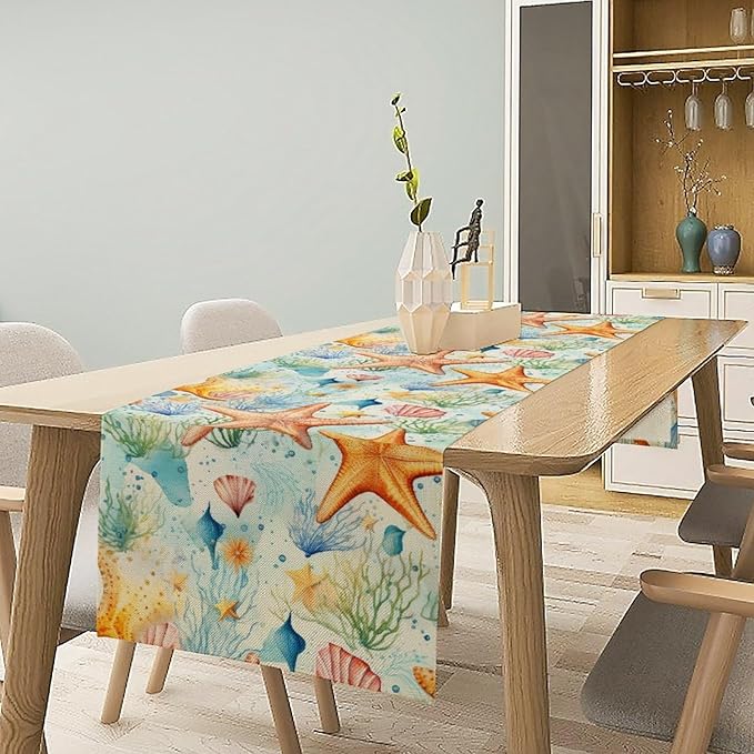 Starfish Conch Shell Table Runners, Season Coastal Marine Life Table Runners for Kitchen Dining Outdoor Home Party 13x36in