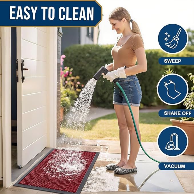 Smiry Front Door Mat Outside Entrance, Heavy Duty Sturdy Natural Rubber Doormat, Trap Dirt and Moisture, Easy Clean Low Profile Mats for Indoor Outdoor Entry, Irregular Triangle (59x24, Wine Red)