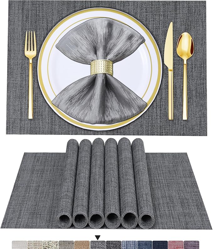 BETEAM Placemats Set of 6, Woven Vinyl Placemat for Dining Table Washable Wipeable Kitchen Place Mats Durable Indoor Outdoor Table Mats