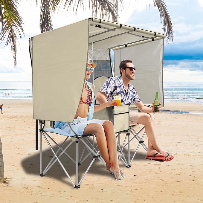 BESTHLS Double Camping Chair with Canopy Shade - Heavy Duty 600D Outdoor Loveseat for Adults, 2-Person Beach Chair with Umbrella, Folding Camp Loveseat for Fishing, Sports, Patio (White)