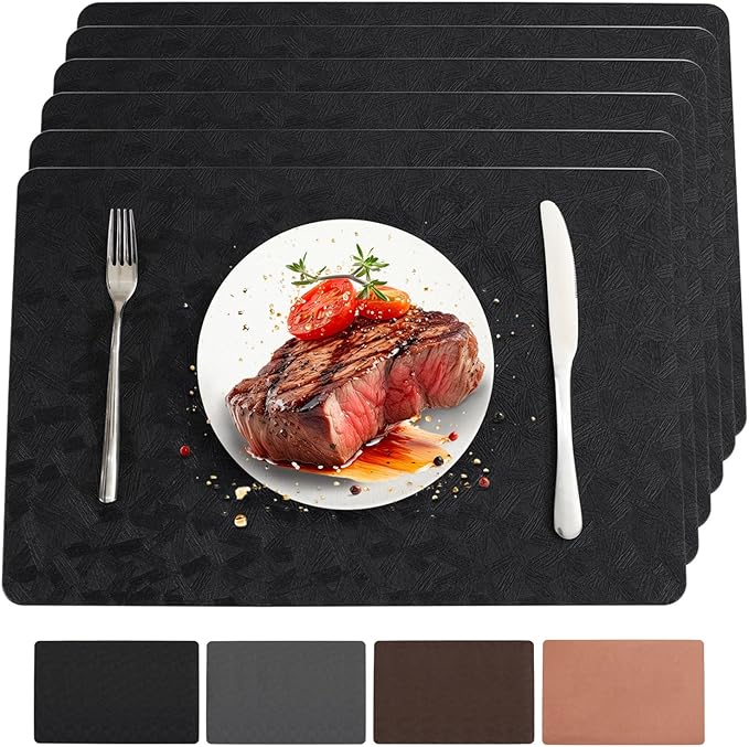 Vinyl Placemats Set of 6 Heat Resistant Easy Clean Non-Slip Place Mats for Dining Table. Faux Leather Waterproof Stain Resistant Wipeable Washable PVC Table Mats(6, Black)