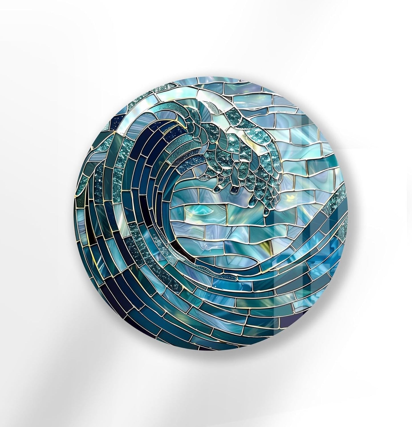 My Photostation.com 24''(60cm) Diameter Ocean Wave in Blue Mosaic Round Glass Wall Art Tempered Glass Printing Wall Decor Large Wall Art Wall Hangings