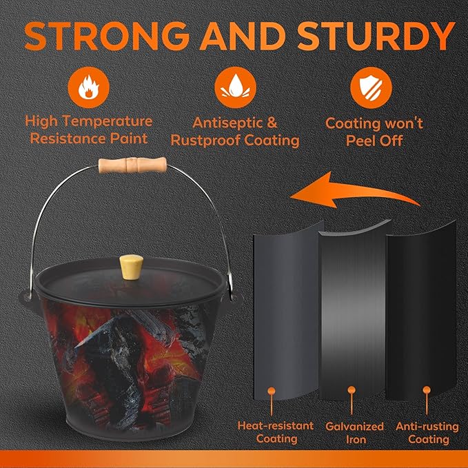 Small Ash Bucket with Lid and Shovel, Metal Fireplace Ash Bucket with Broom, Complete Fireplace Tools Set for Wood Stove and Fireplace, Gray