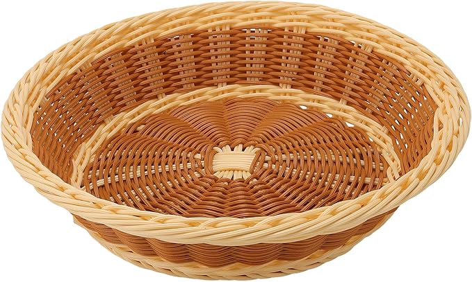 4 Pack Woven Bread Baskets, 11.5 Inch Round Imitation Rattan Basket Wicker Fruit Baskets, Woven Food Serving Basket for Family Party Kitchen Restaurant Outdoor, Brown & Beige