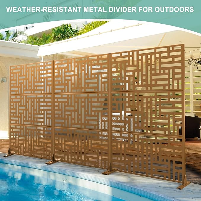 Metal Privacy Screen for Outdoor & Indoor Use, Free Standing Privacy Screen for Patio Garden Pool, 72" H x 47" W Decoative Privacy Panels, Weather Resistant, Easy Assembly (Brown Helen Street)