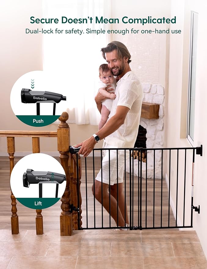 Babelio Baby Gate for Stairs, Kitchen & Doorways, No Bottom Bar| Easy Installation| One-Handed Operation| Auto-Close| Hardware Mount (Drill Needed) Safety Dog Gate (Black - B17, 34" H, 29-49" W-Wide)