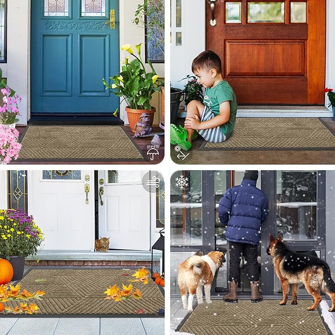Smiry Front Door Mat Outside Entrance, Heavy Duty Sturdy Natural Rubber Doormat, Trap Dirt and Moisture, Easy Clean Low Profile Mats for Indoor Outdoor Entry, Irregular Triangle (36x24, Camel)