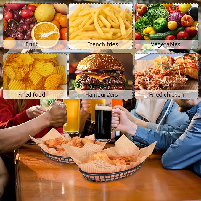 20 Pack Plastic Fast Food Baskets, 8.8" × 5.5" Small Oval Restaurant Serving Baskets Tray for Burgers, Sandwiches,Hot Dogs,Tacos,Parties, Food Trucks, Reusable or Disposable,Stackable(Black)