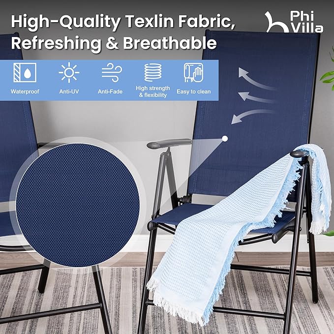 PHI VILLA Outdoor Patio Dining Set for 4, Patio Table and Chairs Set with Adjustable Folding Patio Sling Chairs for Garden, Deck and Yard, Blue