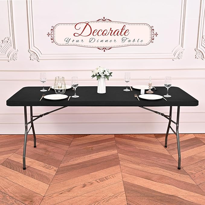 10 Pack Stretch Fabric Table Top Cap Cover, fits 8Ft Tables, Spandex Table Covers Washable Elastic Universal Rectangle Tablecloth Protector for Indoor Outdoor Party Picnic Wedding, Black,30" W x 96" L