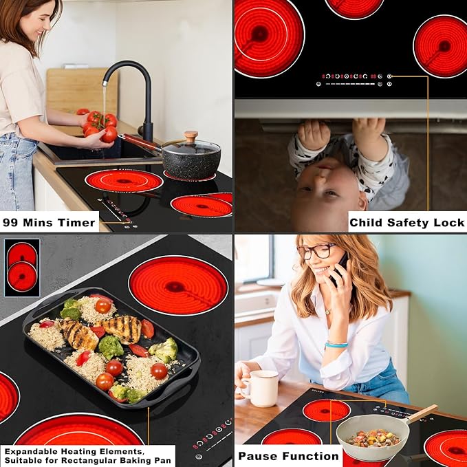 Noxton 30 Inch Electric Cooktop, 8400W 5 Burners Built-in Radiant Electric Stove Top, Slider Control, 9 Power Levels, Child Safety Lock, Timer, 220-240V