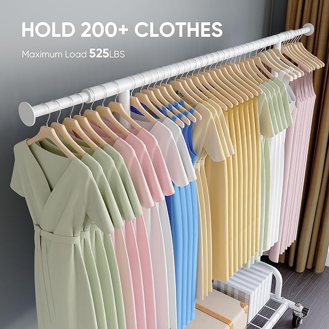 HOKEEPER Clothes Rack Collapsible Clothing Garment Rack Capacity 525LBS Clothing Racks on Wheels Heavy Duty Rolling Clothes Rack for Hanging Clothes for bedroom, Commercial, White 22"D x 75"W x 71"H
