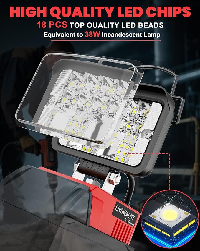 LIVOWALNY LED Work Light Compatible with Milwaukee Battery, 38W 3000 LM Portable Flood Light with Low Voltage Protection, USB & Type-C Output Port for Construction, Camping, Emergency, Bare Tool Only