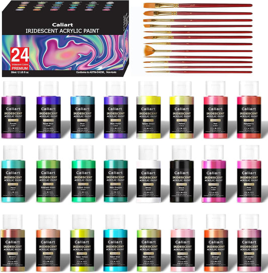 Caliart Iridescent Acrylic Paint with 12 Brushes, 24 Colors (59ml, 2oz) Art Craft Paints for Adults Artists Beginners Painters, Halloween Decorations Canvas Ceramic Wood Rock Painting Kit