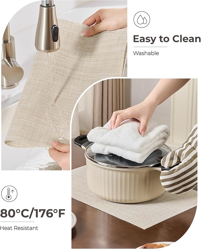 Leetaltree Beige Placemats Set of 6 - Heat Resistant Non-Slip Place mats for Dining Table, Washable Durable PVC Vinyl Woven Table Mats(Beige, 6)