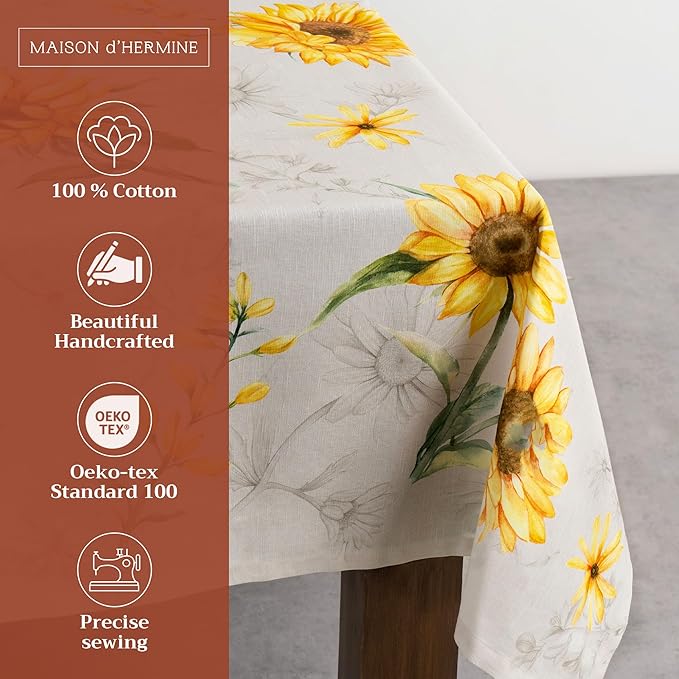 Maison d' Hermine Table Cloth Rectangle Table 100% Cotton 54 x 72 Inches Tablecloth Reusable Decorative Everyday Use for Dining Room, Farmhouse, Home, Party, Festive & Wedding Spring Summer - Candice