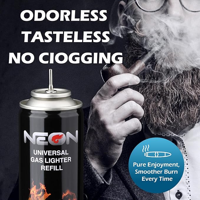 NEON Butane Fuel 300ml, 5X Premium Refined Butane Refill for Torch Lighter, 0 Impurities Lighter Fluid with Metal Nozzle & 5 Butane Gas Refill Adapters for Culinary, Welding, and DIY (4 Cans)
