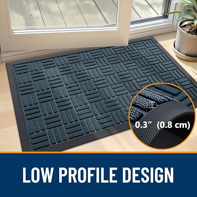 OLANLY Front Door Mat Outside Entrance 35x23, Absorbent, Heavy Duty Sturdy Natural Rubber Doormat Indoor Outdoor, Non-Slip, Stain and Fade Resistant, Low Profile Floor Mat for Entryway, Lake Blue