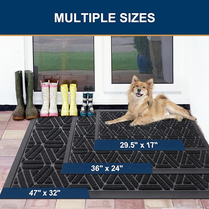 Smiry Front Door Mat Outside Entrance, Heavy Duty Sturdy Natural Rubber Doormat, Trap Dirt and Moisture, Easy Clean Low Profile Mats for Indoor Outdoor Entry, Grid Geometric (59x35, Black)