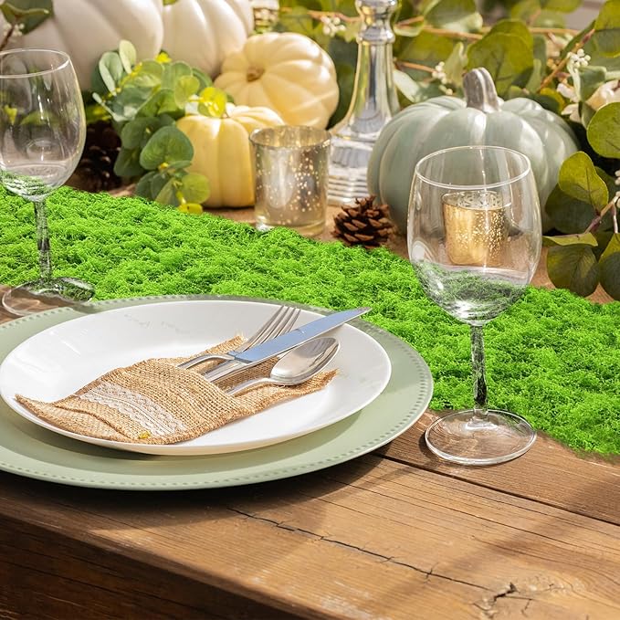 Zeyune 2 Pcs Fake Moss Table Runner for Crafts 12'' x 71'' Artificial Moss Sheet Roll Waterproof Carpet Blanket for Wall Roof Garden Wedding Birthday Party Table Decoration (Light Green)