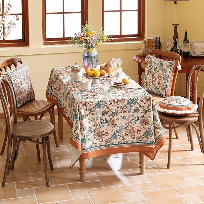 Linen Colorful Floral Long Rectangle Tablecloth,Vintage Indian Colorfast Block Print Table Cloth,Decorative Table Cover for Kitchen,Dining,Thanksgiving,Christmas,63"*102"-Mangala