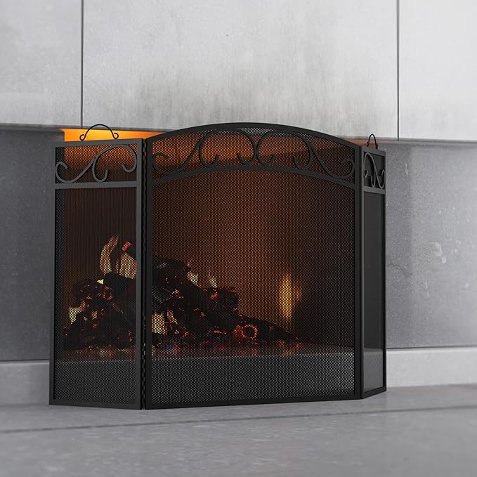 Fire Beauty Fireplace Screen 3 Panel with Handles Wrought Iron 51"(L) x31(H) Spark Guard Cover(Black)