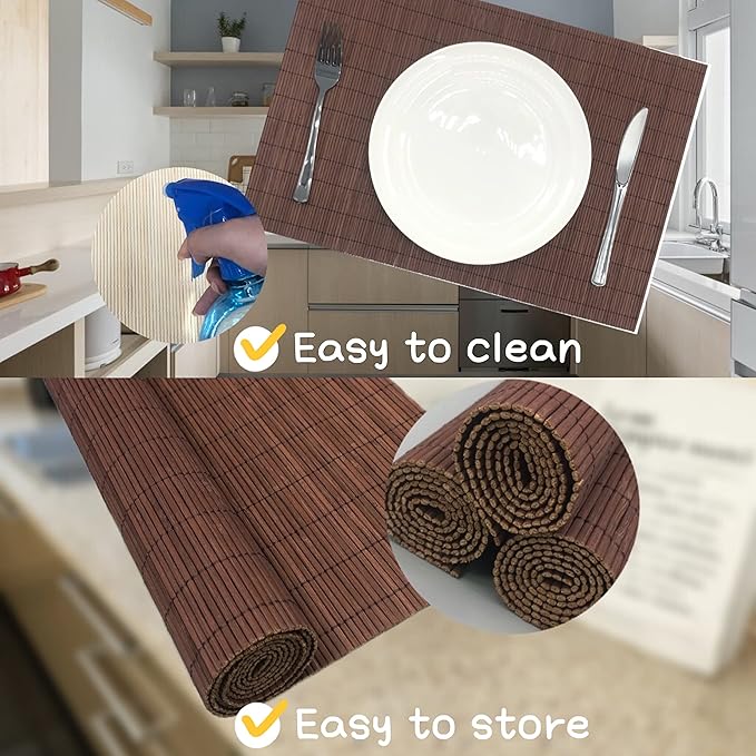 ANDSTAR Set of 4 Pcs Bamboo Placemats Natural Anti-Slip Bamboo Placemats Washable Heat-Resistant Table Mats for Dining Room and Kitchen（Chocolate）